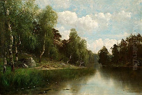 Landskap Med Sjo Oil Painting by Fedor Karlovich Burkhardt