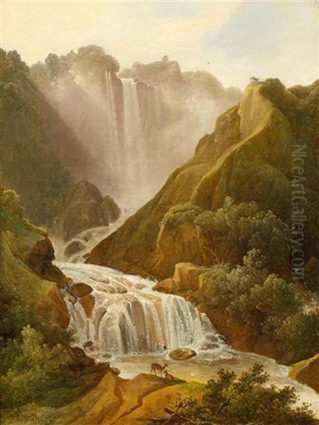 Waterfalls At Tivoli Oil Painting by Leopold Buerkli