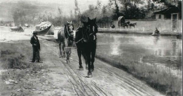 Horses Towing A Barge In A Canal Landscape Oil Painting by Leopoldo Burlando