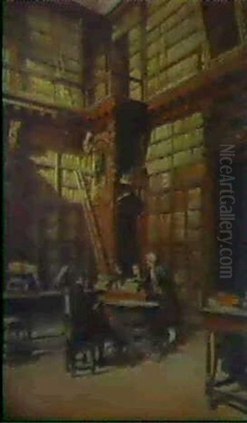 Interior Of The Ambrosian Library, Milan Oil Painting by Leopoldo Burlando