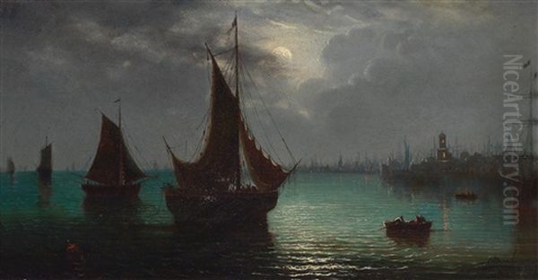 Fishing Boats Set Against The Silhouette Of A City At Night Oil Painting by Natalie Curtis Burlin