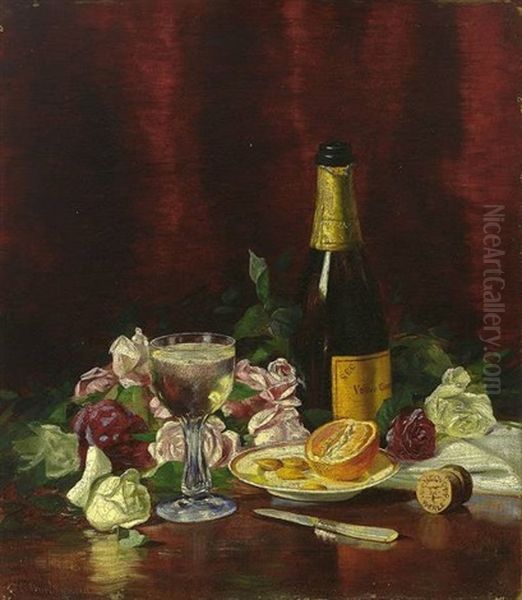 Stilleben Mit Champagnerflasche, Blumen, Orange Und Kelchglas Oil Painting by Charles Albert Burlingame