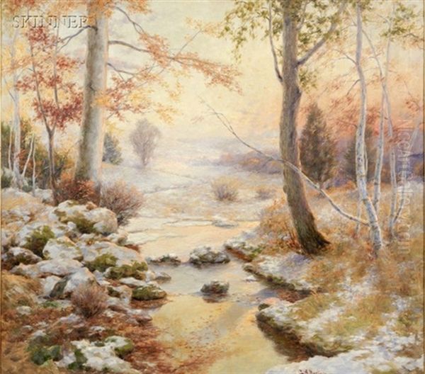 Winter Landscape With Woodland River Oil Painting by Charles Albert Burlingame