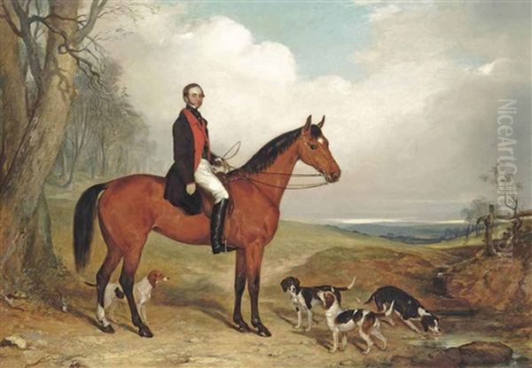 A Gentleman On His Favourite Hunter, With Beagles, In An Extensive Landscape Oil Painting by Clement Burlison