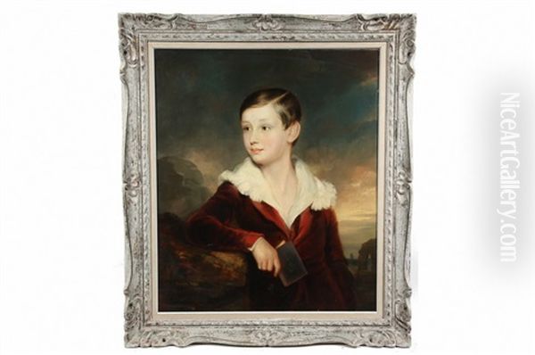 Portrait Of Young Boy In Red Velvet Jacket Holding A Book Oil Painting by Clement Burlison