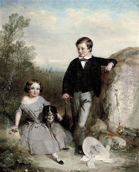 Portrait Of A Brother And Sister With Their Dog In A Landscape Oil Painting by Clement Burlison