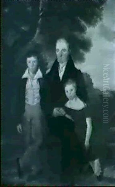 A Group Portrait Of Gerard Callaghan And His Two Children,  Full Length, He Seated Beneath A Tree... Oil Painting by Clement Burlison