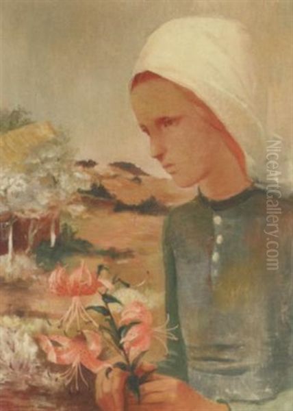 Madchen Mit Feuerlilien - Girl With Lilies Oil Painting by Fritz Burmann