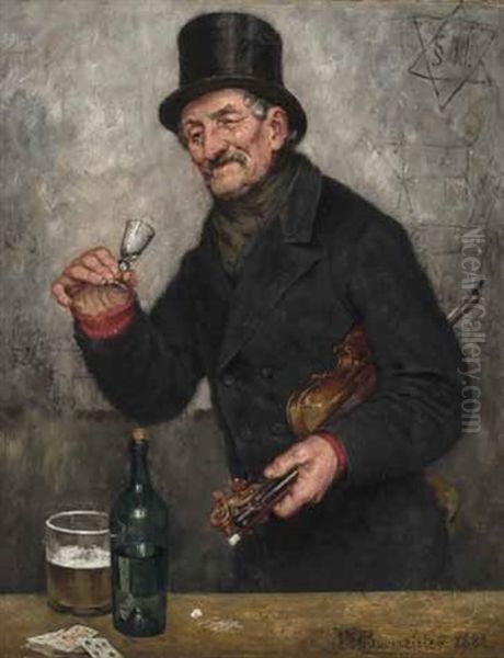 Mann Mit Zylinder Und Violine Unter Dem Arm Halt Lachend Ein Schnapsglas In Der Hand Und Ein Volles Bierglas Nebst Branntweinflasche Auf Dem Tisch Oil Painting by Paul Burmeister