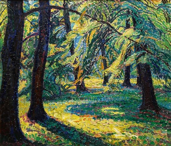 Sunlit Forest Clearing Oil Painting by Georg Burmester