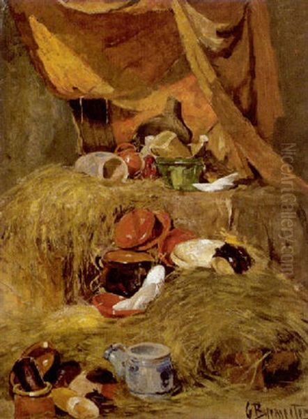 Stilleben Mit Steinzeug Und Hafnerware Im Heu Oil Painting by Georg Burmester