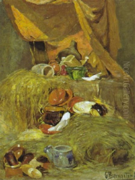 Stillleben Mit Steinzeug Und Hafnerware Im Heu Oil Painting by Georg Burmester