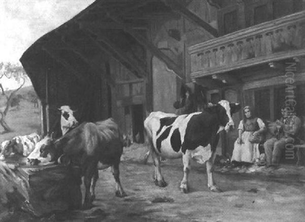 Bauernhof Mit Kuhen An Der Tranke Oil Painting by Eugene Burnand