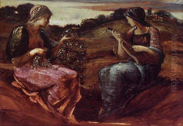 Two Seated Female Figures In A Landscape Oil Painting by Edward Burne-Jones