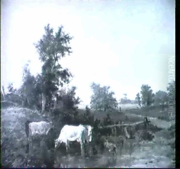 Landscape With Cattle Watering And A Goat Oil Painting by James M. Burnet