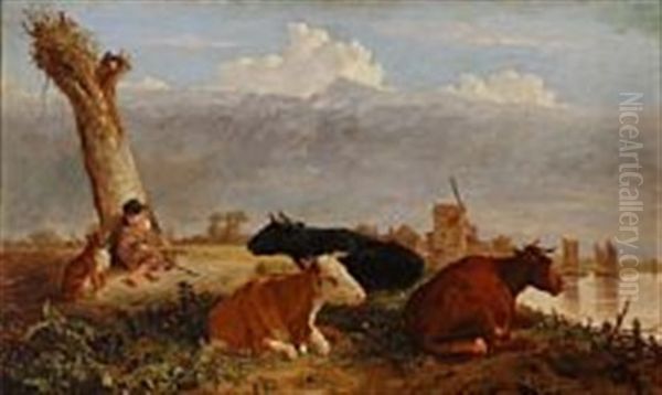 Resting Cattle And A Sleeping Shepherd Boy On A River Bank Oil Painting by John Burnet