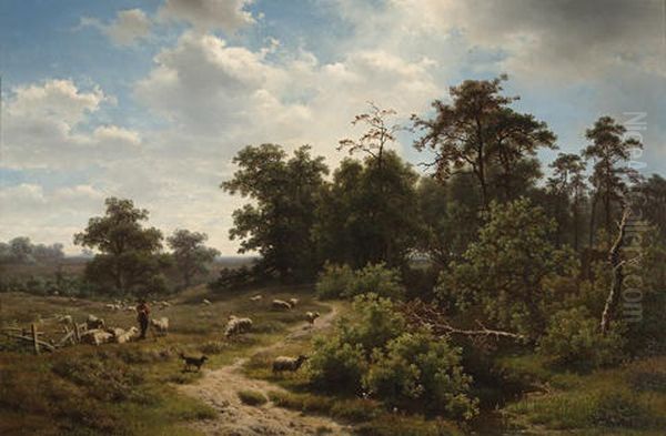 A Wooded Landscape With A Shepherd And His Flock Oil Painting by Richard Burnier