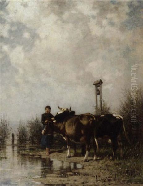 A Peasant Girl With Cows By The Water by Richard Burnier