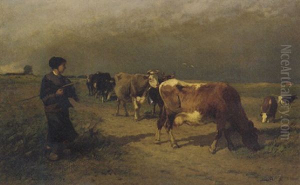 A Shepherdess Leading The Cows Home Oil Painting by Richard Burnier