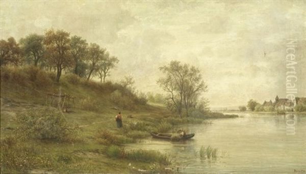 Mainufer Unter Bewolktem Himmel, Im Hintergrund Blick Auf Frankfurt Am Main Oil Painting by Karl Peter Burnitz