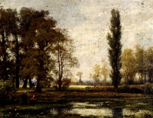 Prachtvolle Fruhlingslandschaft Mit Altwasser Und Besonnter Lichtung Oil Painting by Karl Peter Burnitz