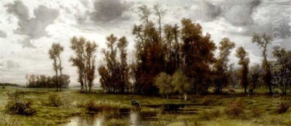 Flusslandschaft Mit Kuhen Am Rande Eines Birkenwaldchens Oil Painting by Karl Peter Burnitz