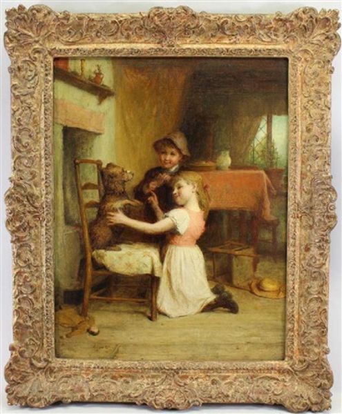 Painting Of Two Young Children Playing With A Dog Oil Painting by Alexander Hohenlohe Burr