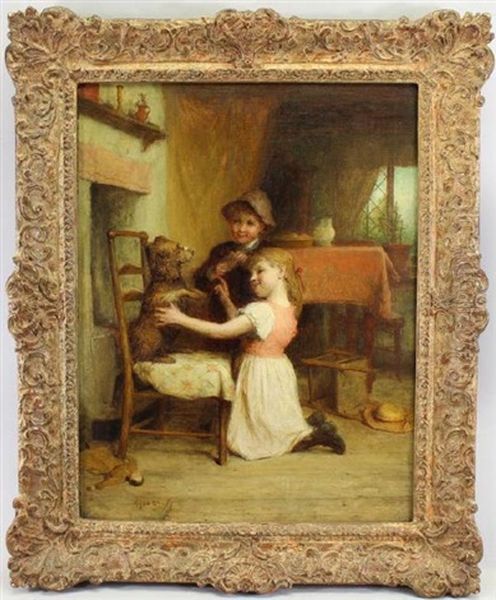 Two Young Children Playing With A Dog Oil Painting by Alexander Hohenlohe Burr