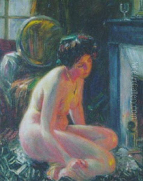 Nude By A Fireplace Oil Painting by George Brainard Burr