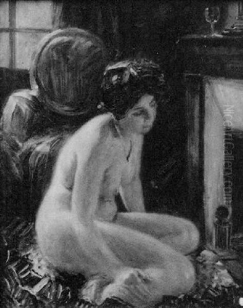 Nude By Fireplace Oil Painting by George Elbert Burr