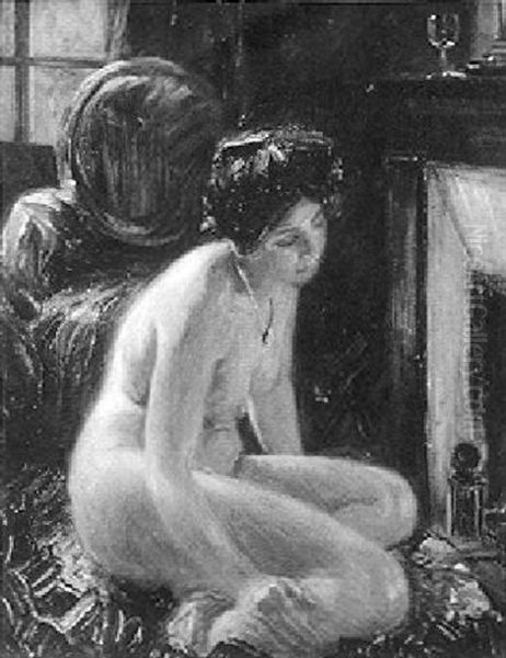 Nude By Fireplace Oil Painting by George Elbert Burr