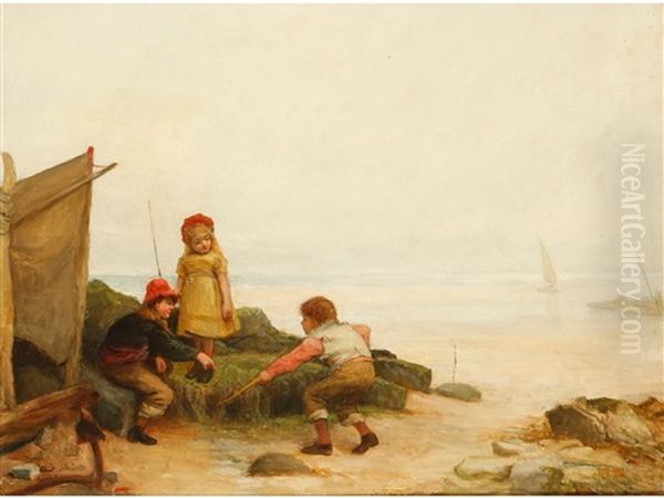 Children Playing In Rock Pools At The Shoreline Oil Painting by John Burr