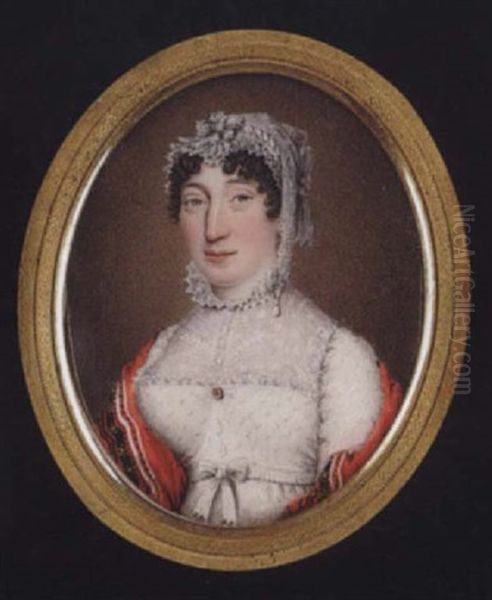 A Lady Wearing White Figured Dress With Lace Fill-in And Ruff, Matching Lace Bonnet, Ruby And Pearl Brooch And Embroidered Red Shawl Oil Painting by Joseph Francis Burrell