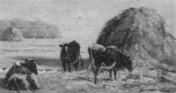 Cattle By A Haystack Oil Painting by Edward Burrill