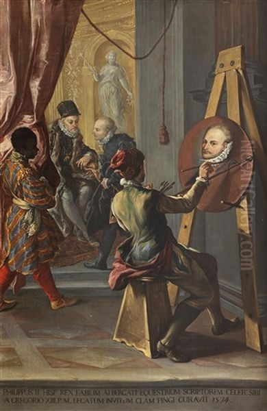 Fabio Albergati Received By Philipp Ii Of Spain (collab W/workshop) Oil Painting by Giovanni Antonio Burrini