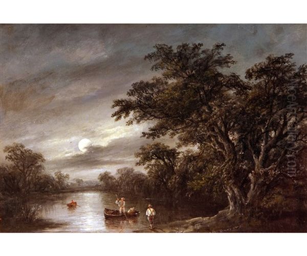 Moonlight Scene On The River Orwell With Eel Fishermen Oil Painting by Robert Burrows