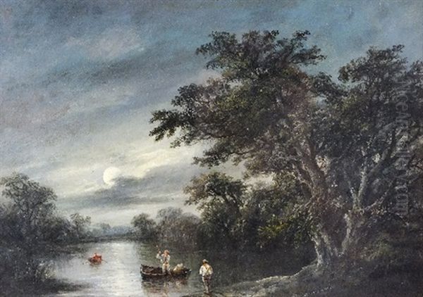 Figures Beside A Boat On The River Orwell, By Moonlight Oil Painting by Robert Burrows