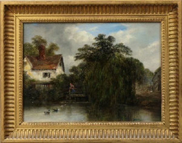 Figure On A Bridge With A Cottage In A Wooded River Landscape; Two Figures On The Shores Of A Lake With Mountains Beyond (pair) Oil Painting by Robert Burrows