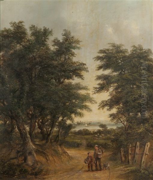 Figures On Gainsborough Lane With Freston Tower Beyond Oil Painting by Robert Burrows