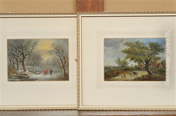 Figures In A Winter Landscape (+ Figures And A Donkey In A Summer Landscape; Pair) Oil Painting by Robert Burrows