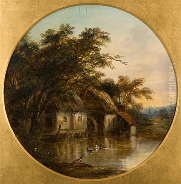 Watermill Beside The Gipping (+ Cottage Beside The Gipping; Pair) Oil Painting by Robert Burrows