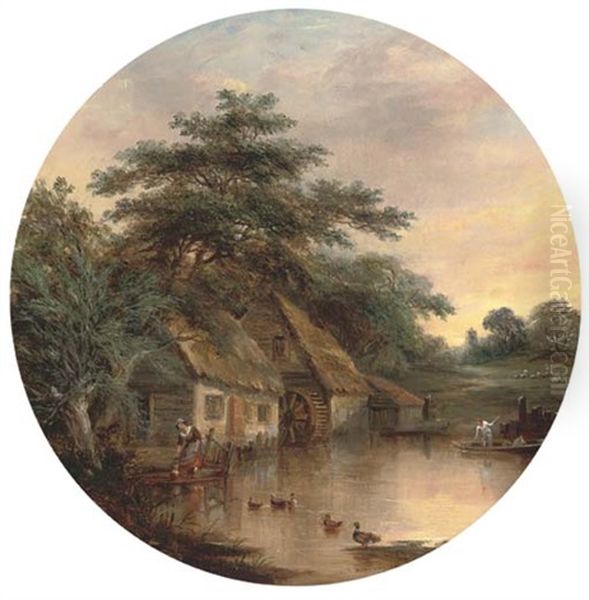 A Milkmaid By A Watermill (+ Cattle Watering In A River Landscape; Pair) Oil Painting by Robert Burrows