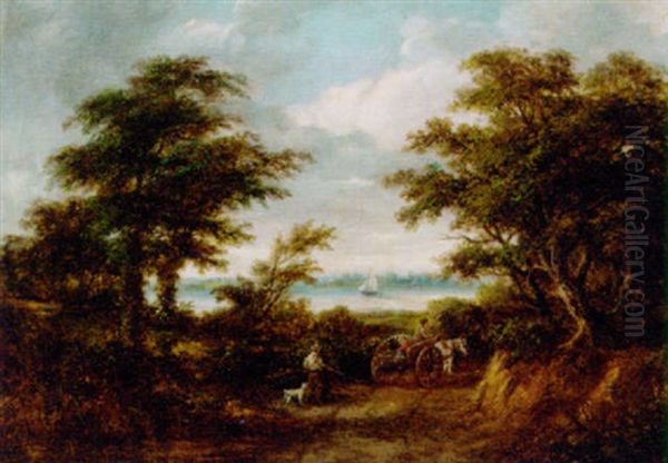 Figures In A Horse And Cart In A Wooded River Landscape Oil Painting by Robert Burrows