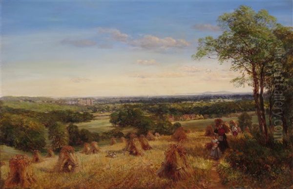 Harvesters In An Extensive Landscape, A Castle Beyond Oil Painting by Charles Thomas Burt