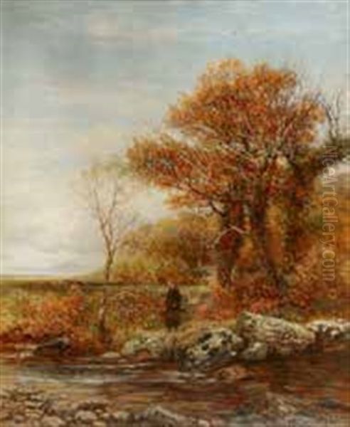 A Woman By A River Near A Cottage With Man Driving Cattle On Horseback Beyond Oil Painting by Charles Thomas Burt