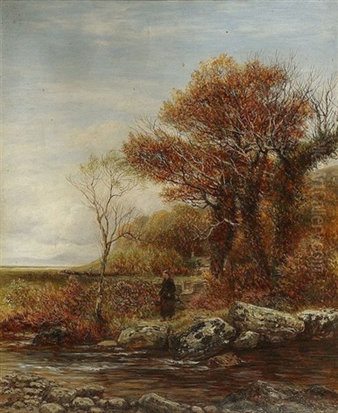 A Woman By A River Near A Cottage With Man Driving Cattle On Horseback Beyond Oil Painting by Charles Thomas Burt