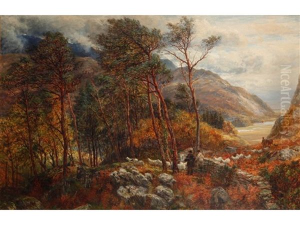 Figures And Sheep In A Woodland With Hills Beyond Oil Painting by Charles Thomas Burt