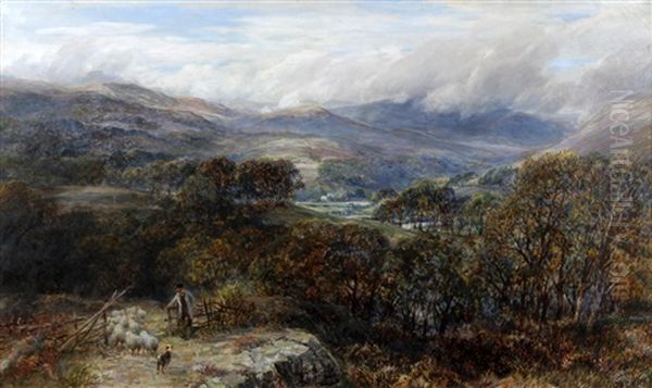 Extensive Upland Landscape With Shepherd, Flock And Sheepdog Oil Painting by Charles Thomas Burt