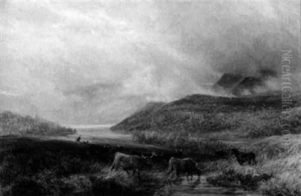 Panoramic View With Cattle Watering Oil Painting by Charles Thomas Burt