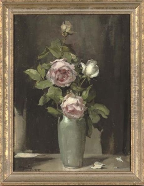 Pink And White Roses In A Vase, On A Table Oil Painting by Alice Mary Burton